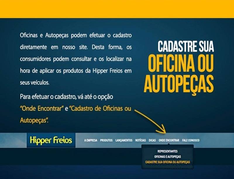 Oficinas e autopeças parceiras com visibilidade no site da Hipper Freios